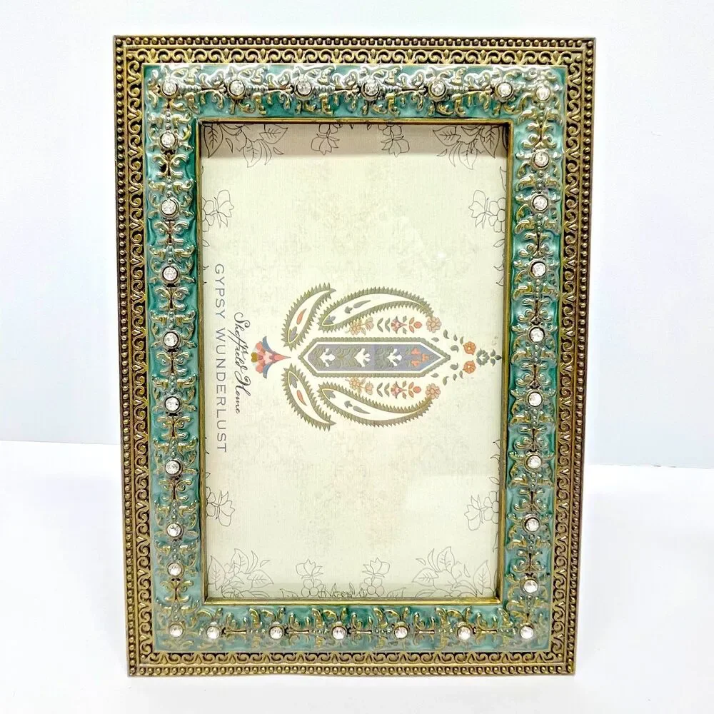 Sheffield Home set of (2) 4x6 Pewter Picture Frames-Ornate/Jeweled-Green & Gold